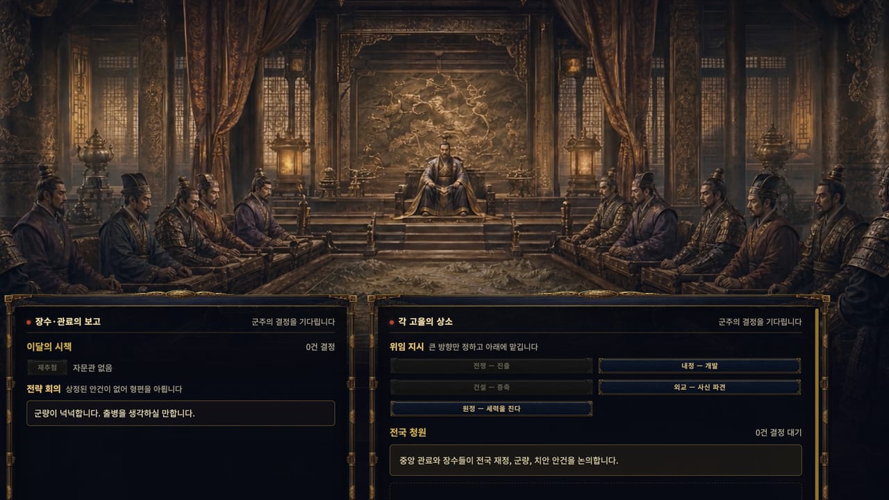 군주와 관료들이 모인 국정회의 화면