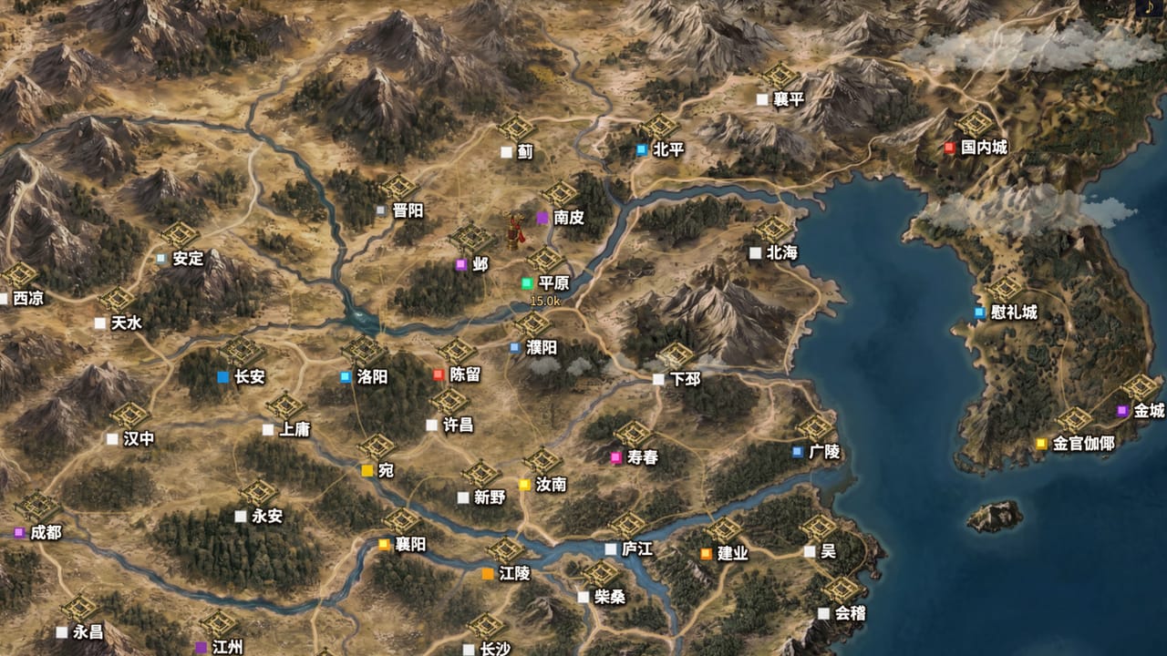 标有城市和势力位置的东亚战略地图