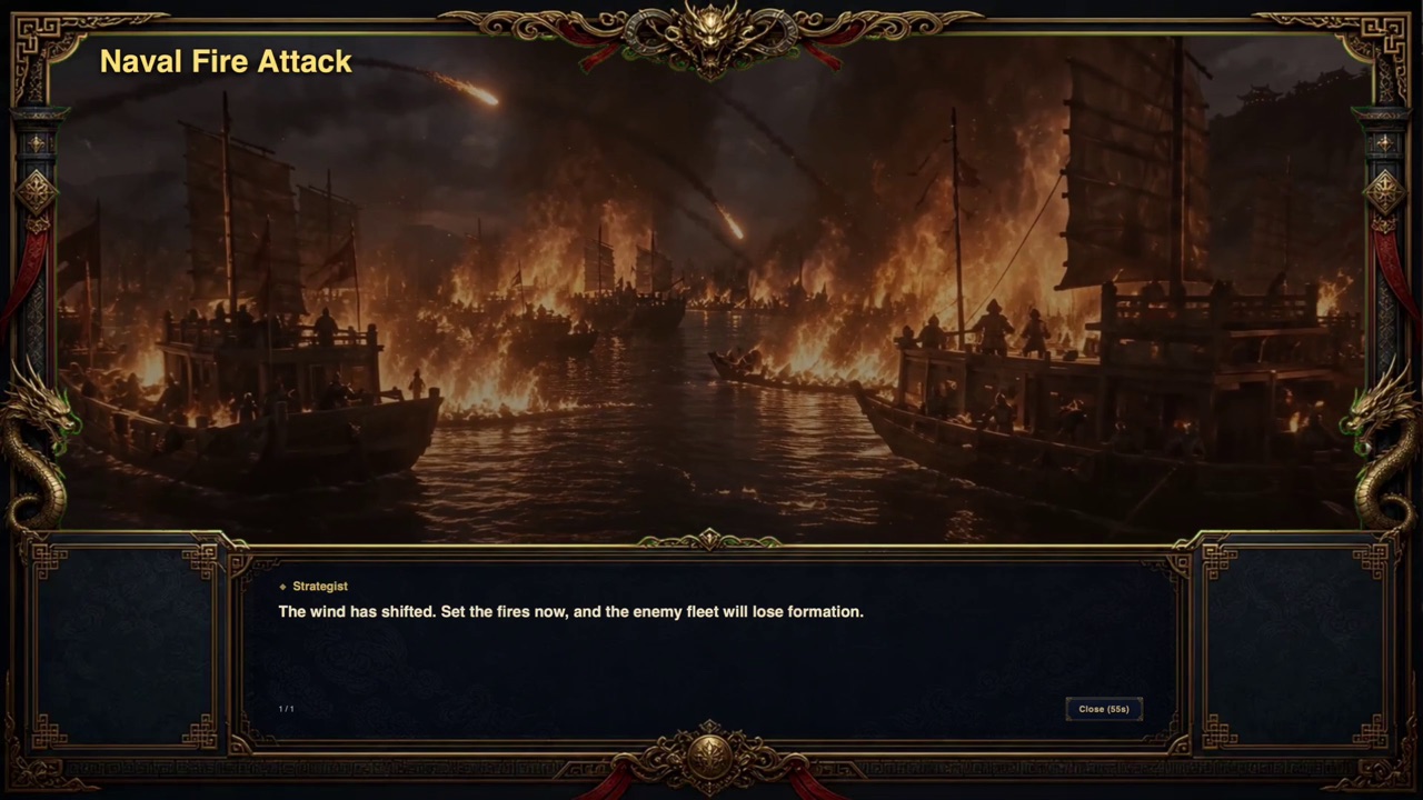 Naval fire attack event screen in Three Kingdoms Online