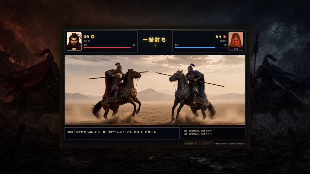 三国志:群雄集結の一騎討ち結果画面